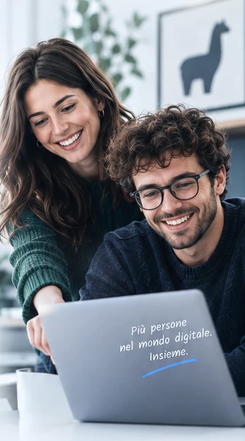 Due amici sorridono davanti a un portatile. Sul coperchio è scritto: «Più persone nel mondo digitale. Insieme.»